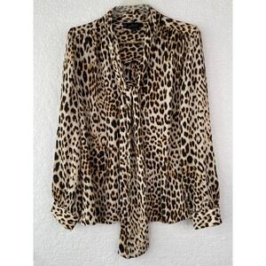 Worthington Womens Large Leopard Print Tie Neck Button Front Blouse Tan Black